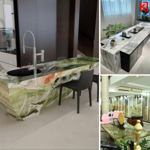 ĐÁ ỐP MẶT BÀN TRÀ & BÀN ĐẢO: SỰ KẾT HỢP GIỮA CÔNG NĂNG SỬ DỤNG VÀ NGHỆ THUẬT GIA CÔNG HIỆN ĐẠI